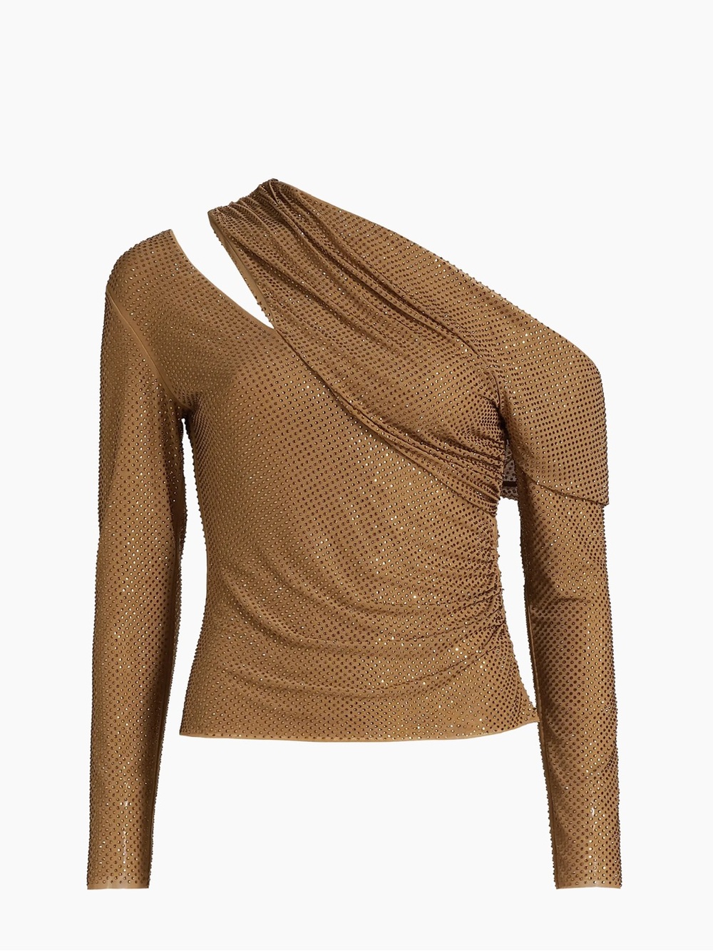 Self-Portrait One-Shoulder Long-Sleeve Top in Camel Brown with Metallic Detail